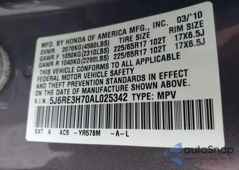 2010 Honda Cr-V Ex-L из США, поврежденный, VIN 5J6RE3H70AL025342